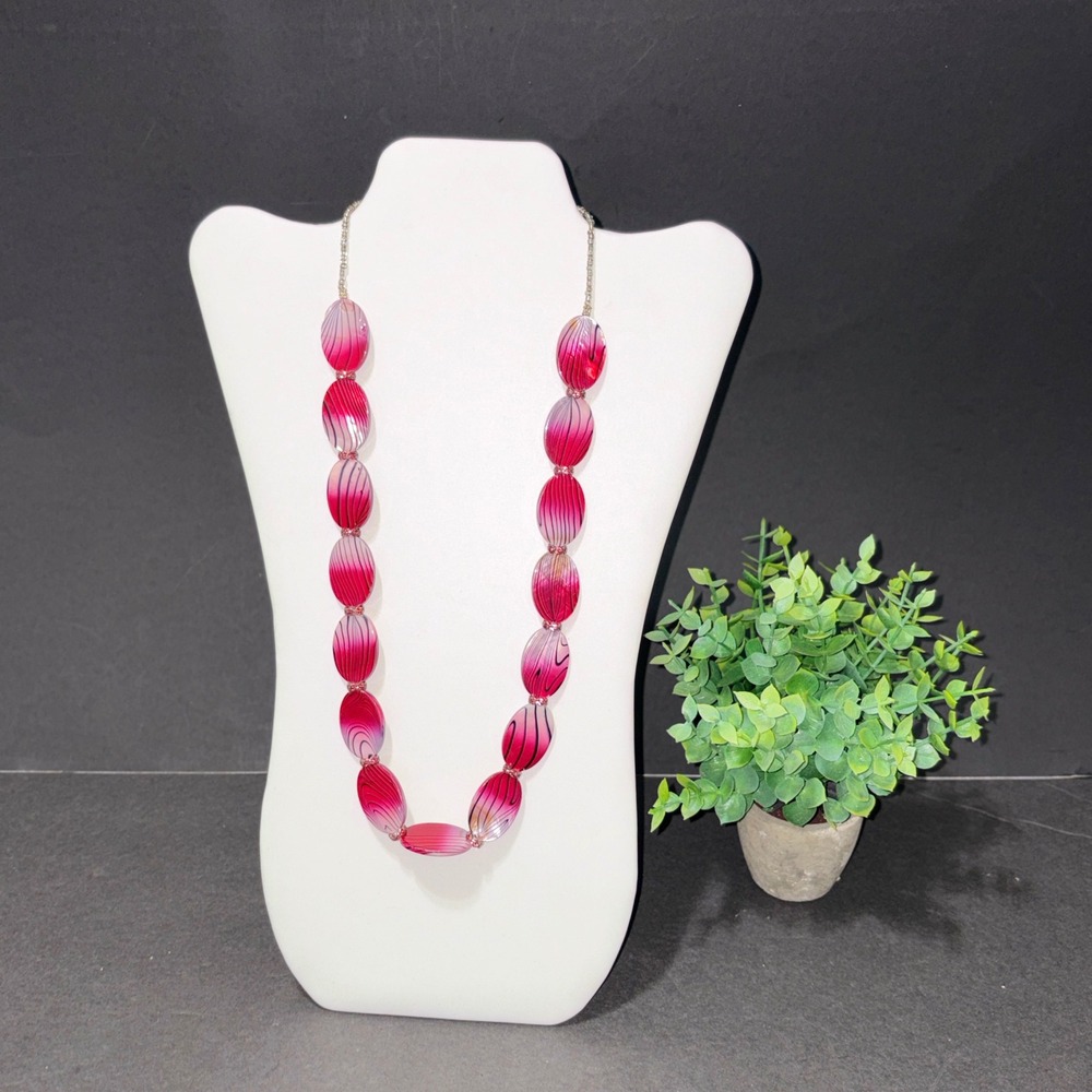 Pink Striped Oval Shell Statement Necklace Rhinestone Spacers Magenta Silver